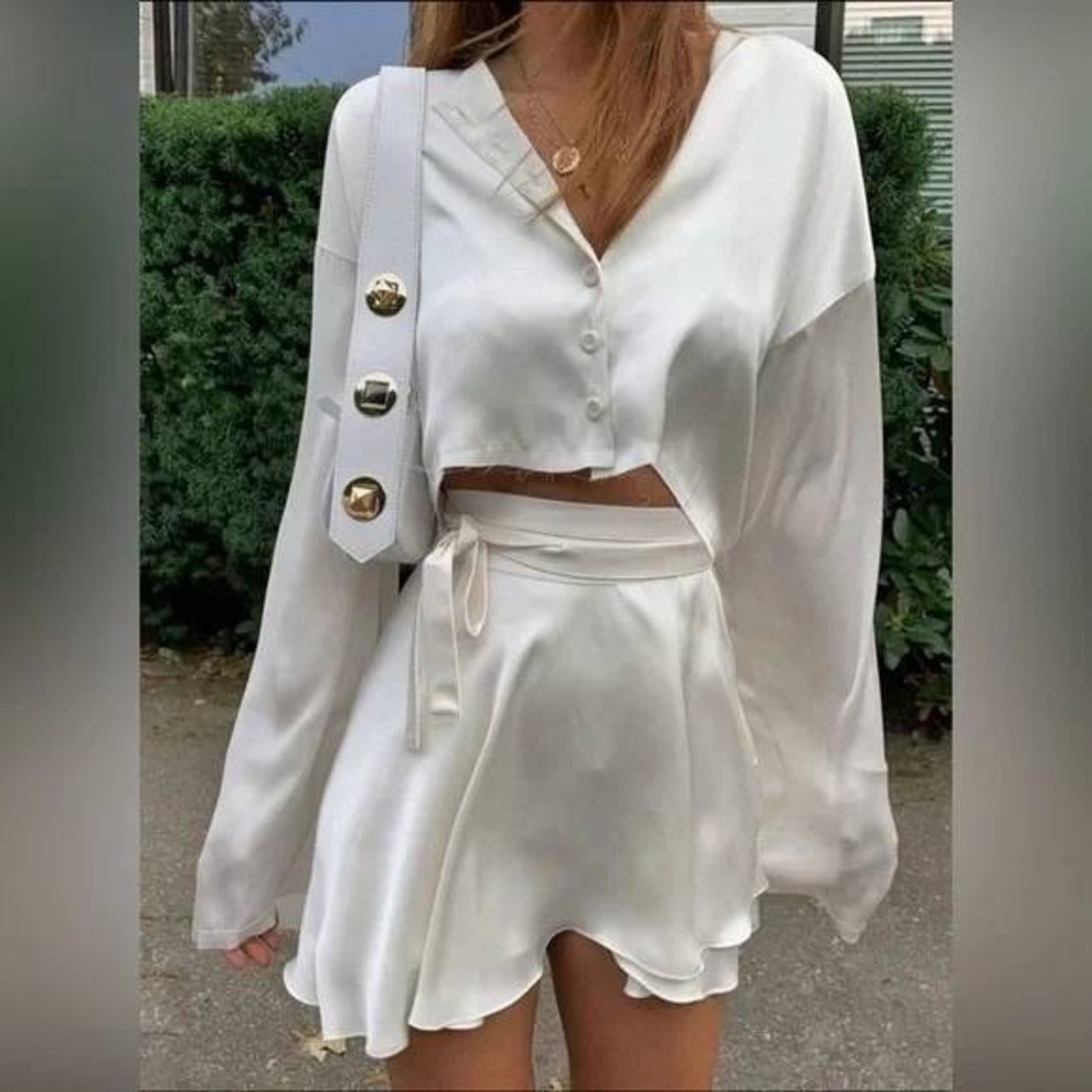 Commense White Satin Bell Sleeve Crop Top & Wrap Mini Skirt Set Size M - Picture 8 of 10